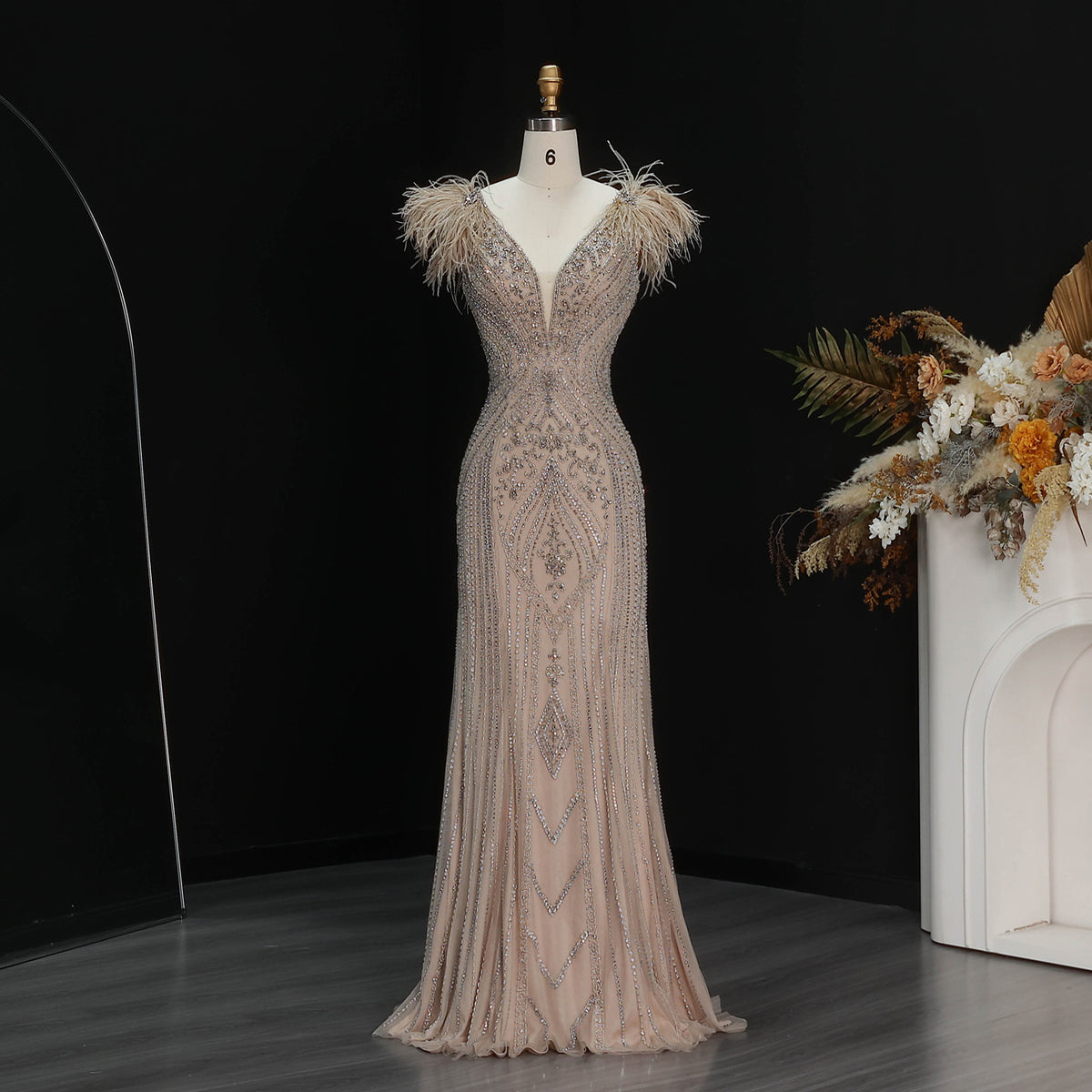 Luxury Pink V-Neck Feather Trim Beaded Mermaid Evening Dress SS122