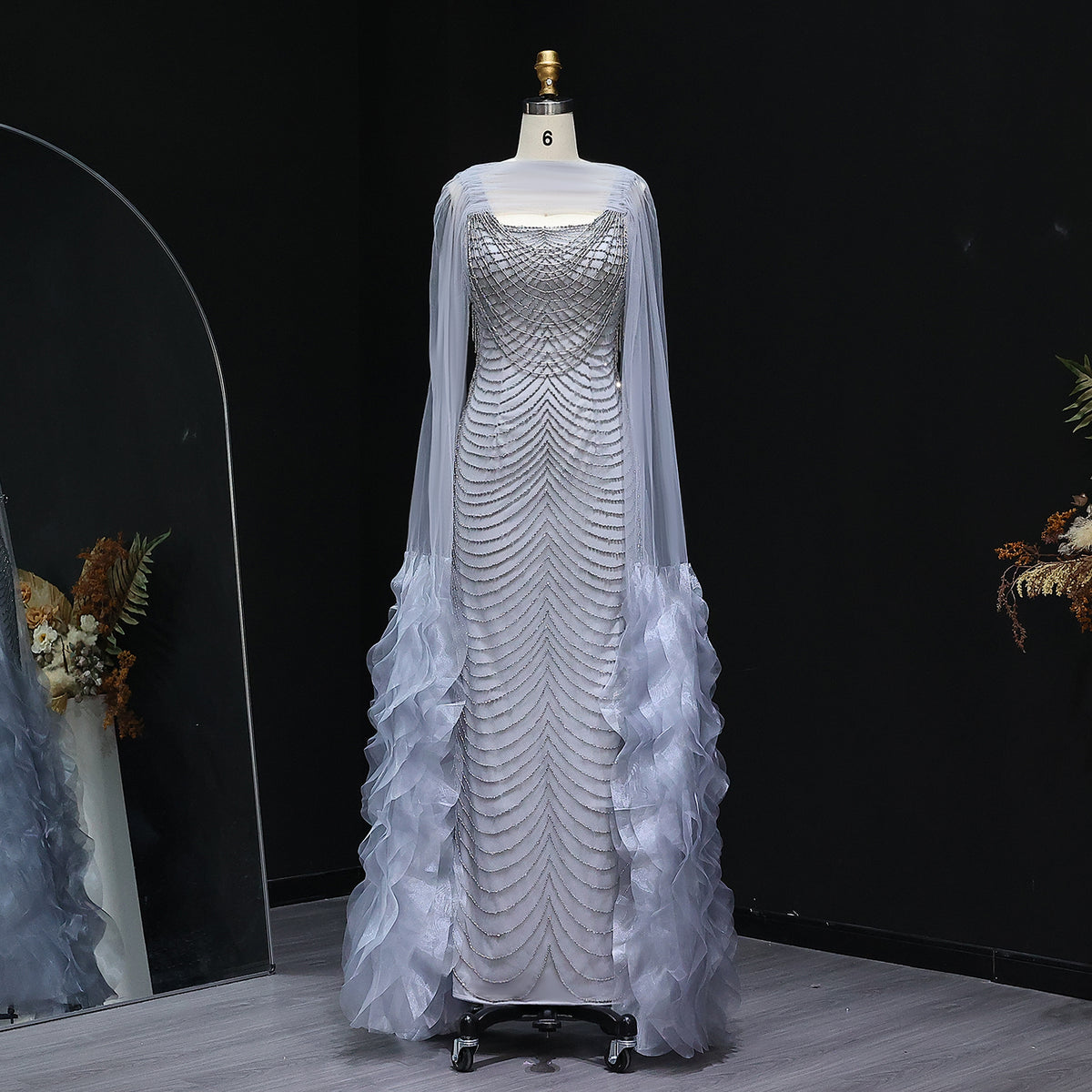 Luxury Beading Purple Evening Dress with Cape Sleeves SS280