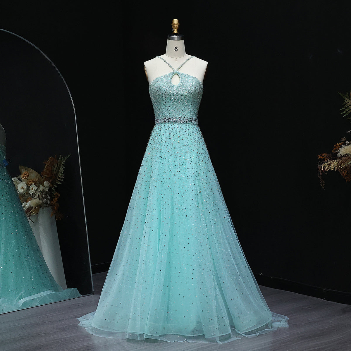 Elegant Dusty Pink Halter Neck Beaded A-Line Evening Dress SS580