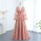Elegant Peach-Pink V-Neck Evening Dress with 3D Flowers SS295