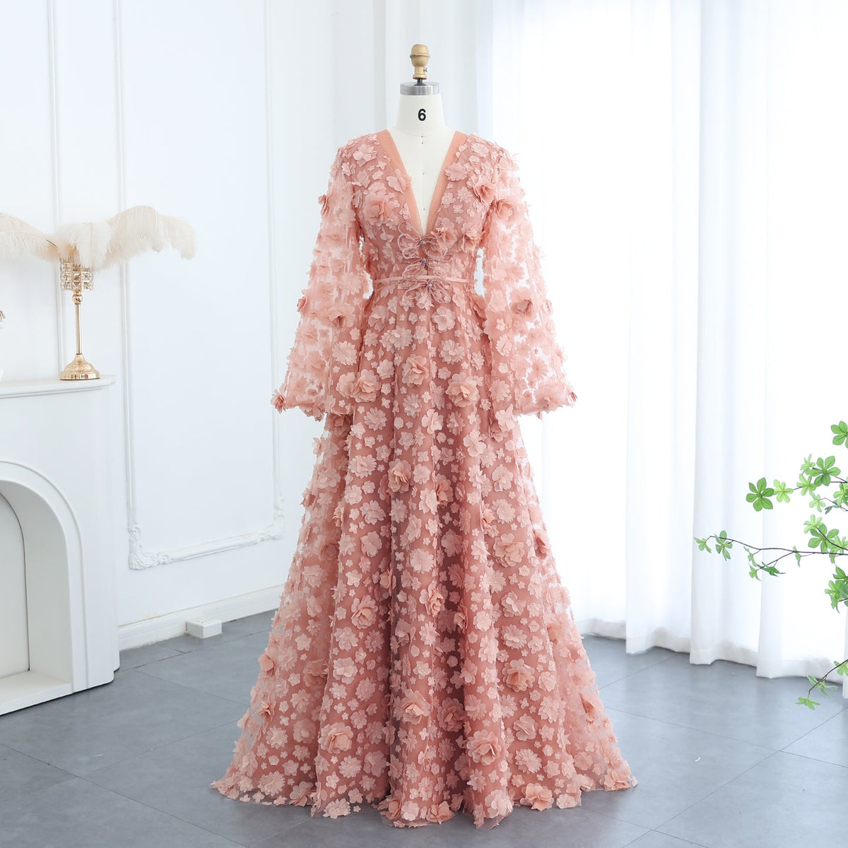 Elegant Peach-Pink V-Neck Evening Dress with 3D Flowers SS295