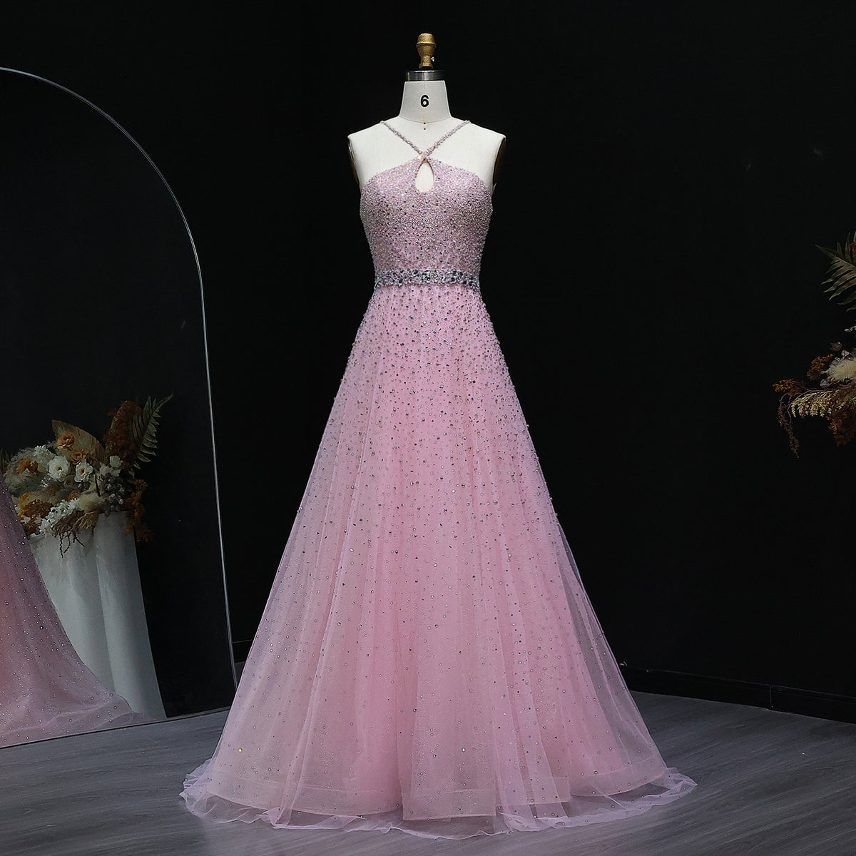 Elegant Dusty Pink Halter Neck Beaded A-Line Evening Dress SS580