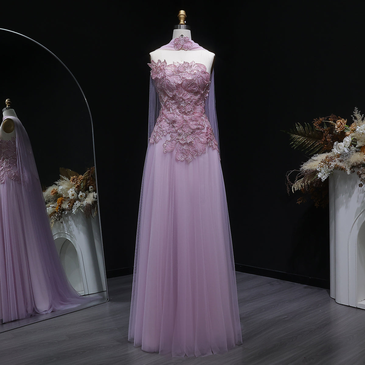 Glamorous Pink 3D Floral Strapless Tulle Evening Dress with Cape and Scarf SS239