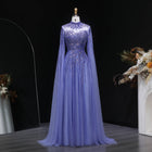 Elegant Blue High Neck Beaded Evening Dress with Cape Sleeve SS134