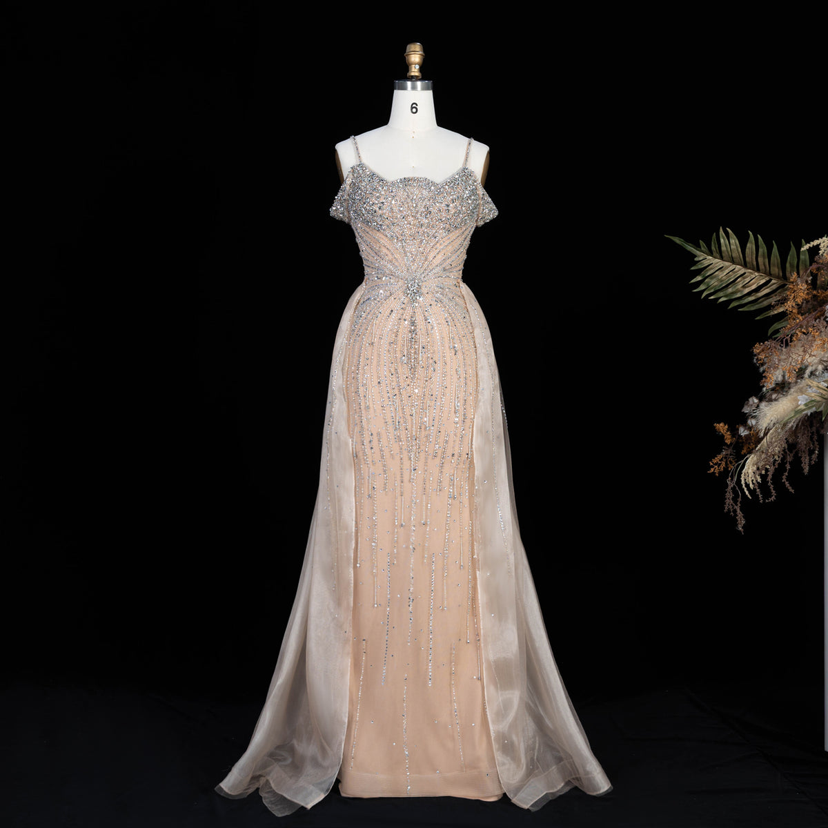 Luxury Spaghetti Strap Beaded Evening Dress Mermaid Tulle with Overskirt SS008