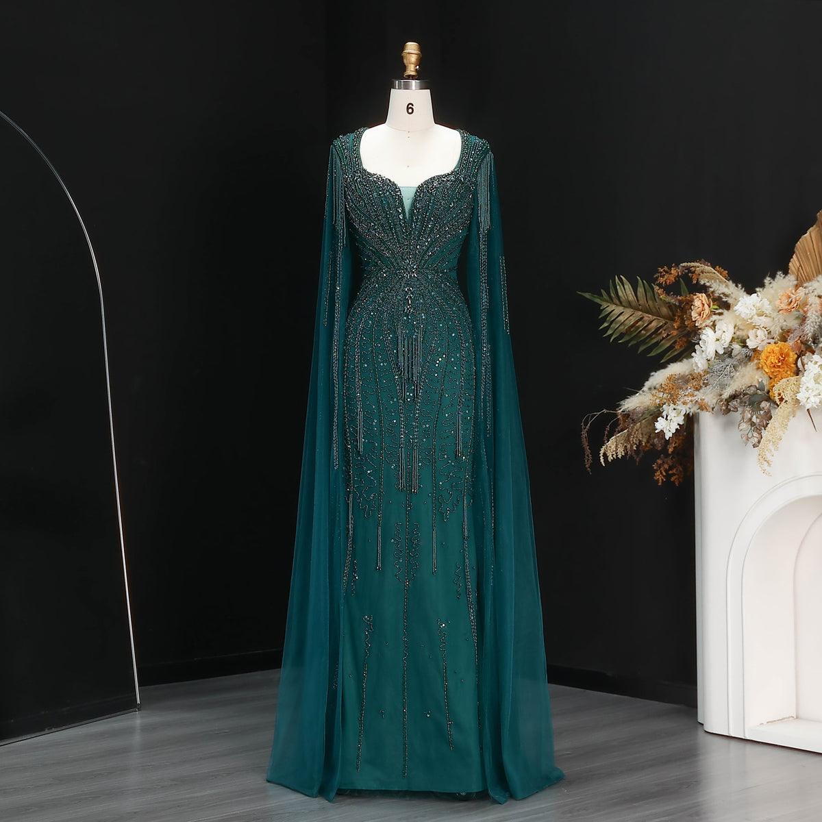 Square Neck Cape Sleeve Crystal Beaded Mermaid Evening Dress
