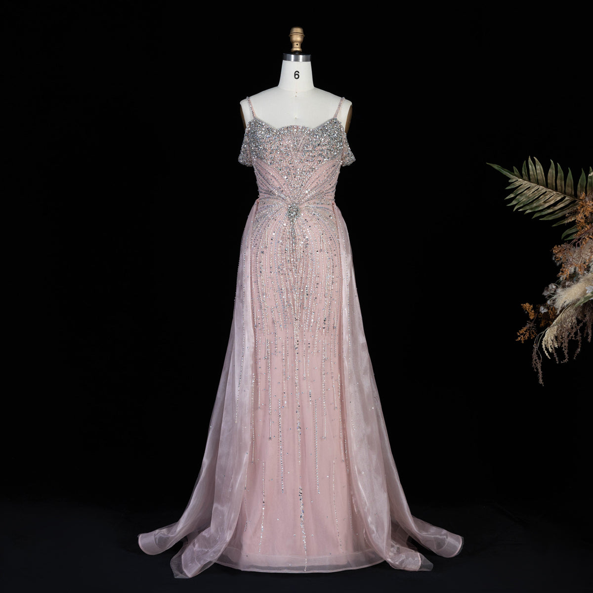Luxury Spaghetti Strap Beaded Evening Dress Mermaid Tulle with Overskirt SS008