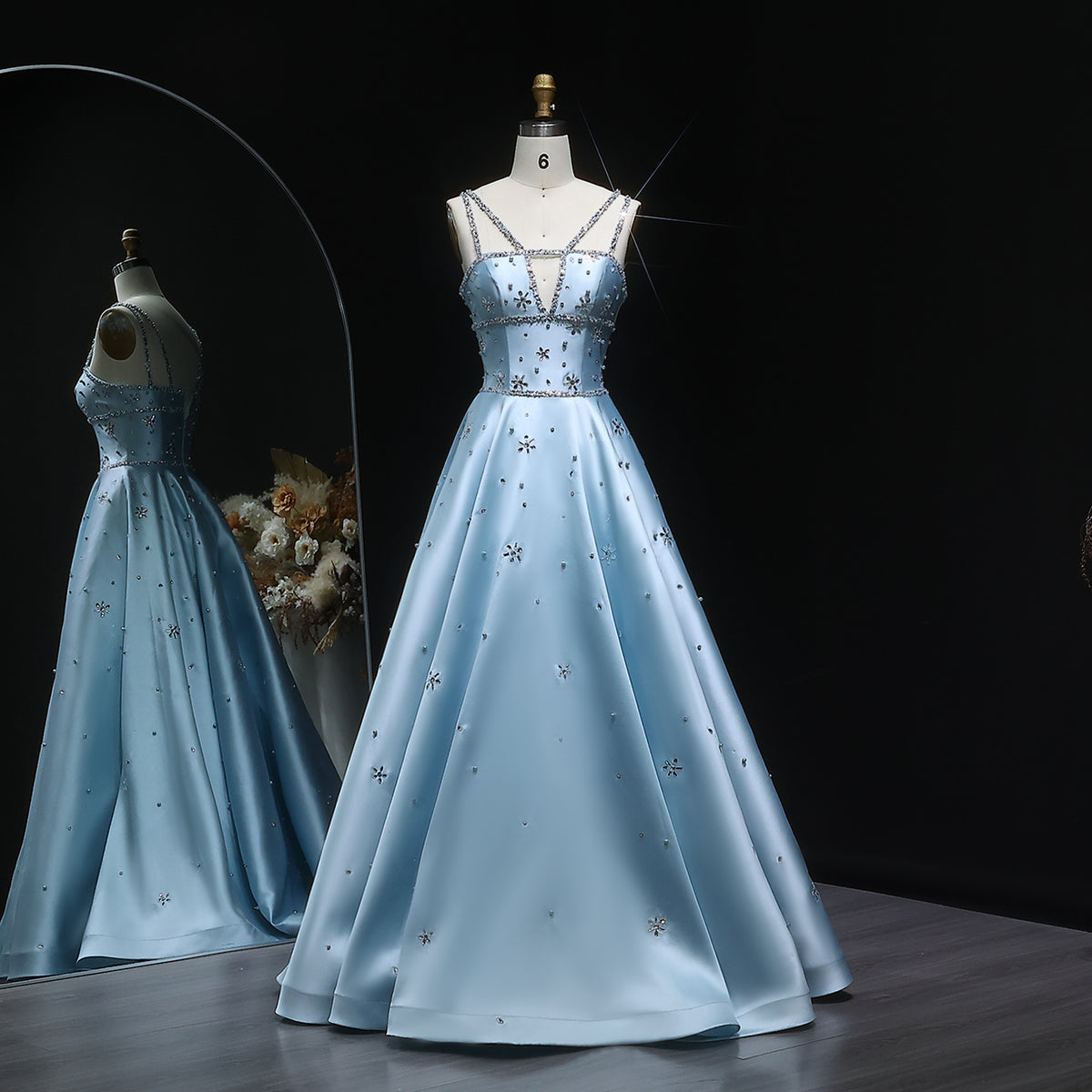 Elegant Blue Embellished Crystal Strap Evening Dress SS428