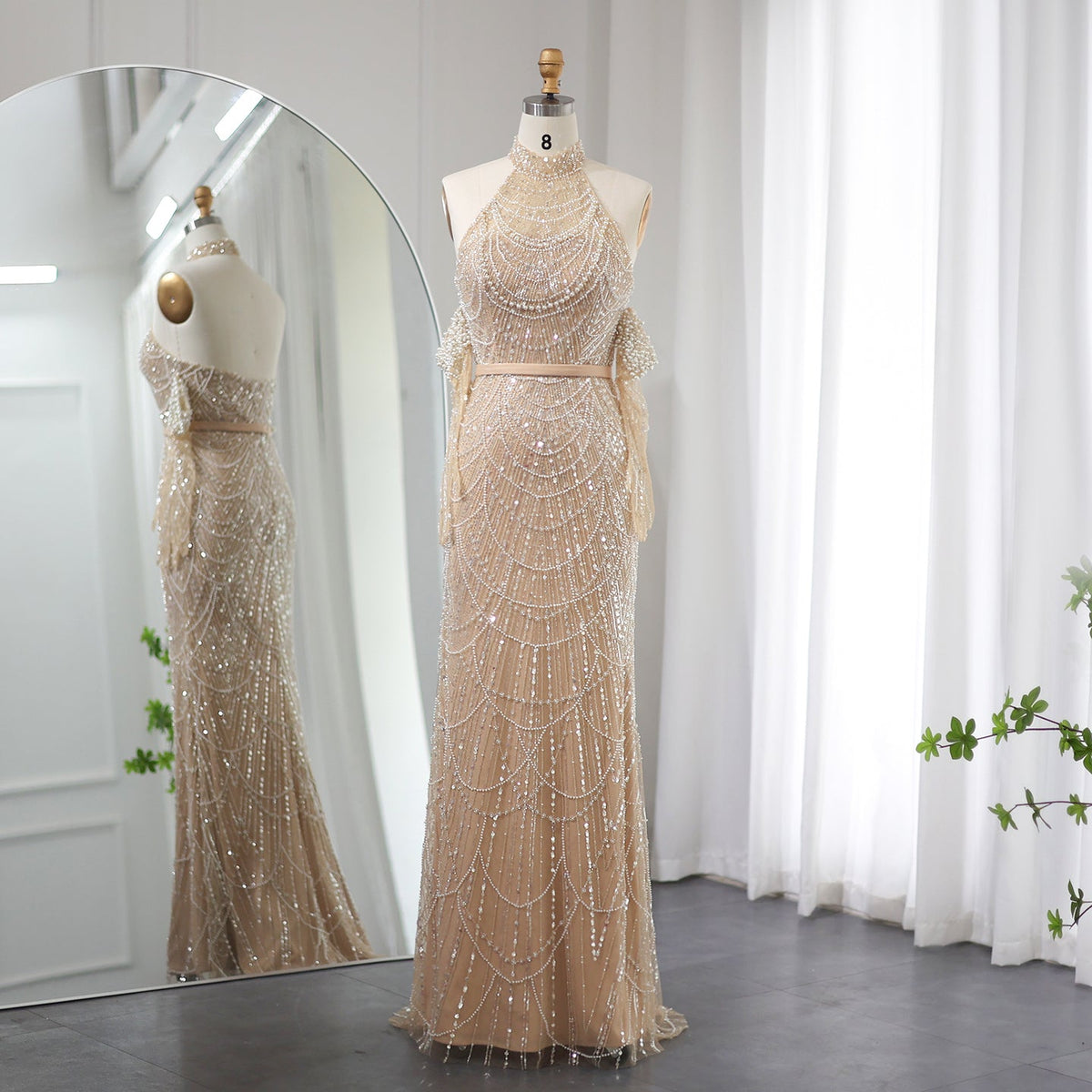 Luxury Nude Halter Mermaid Evening Dresses with Gloves SS689