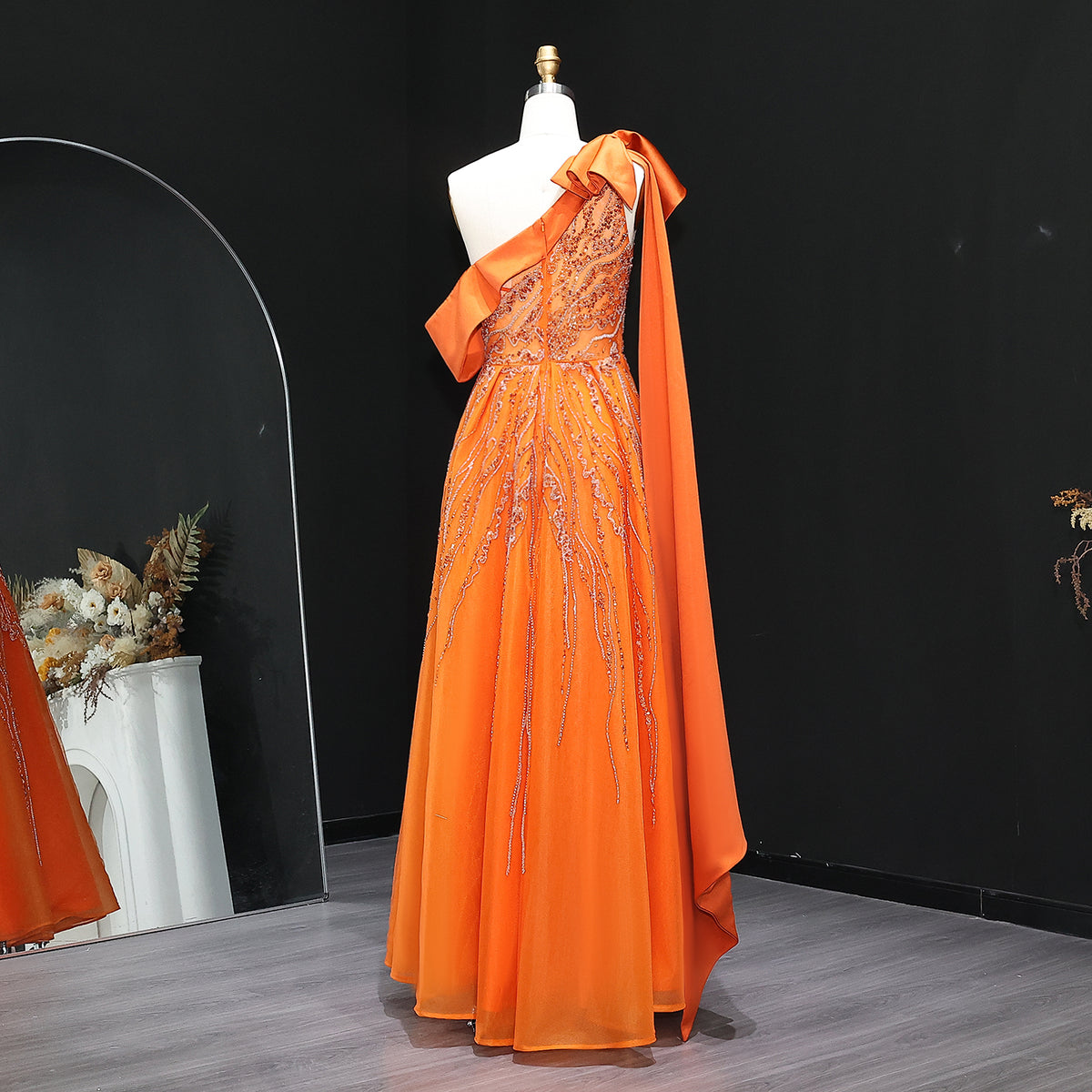 Luxury Olive Green One Shoulder Evening Dress with Cape Sleeves SS323