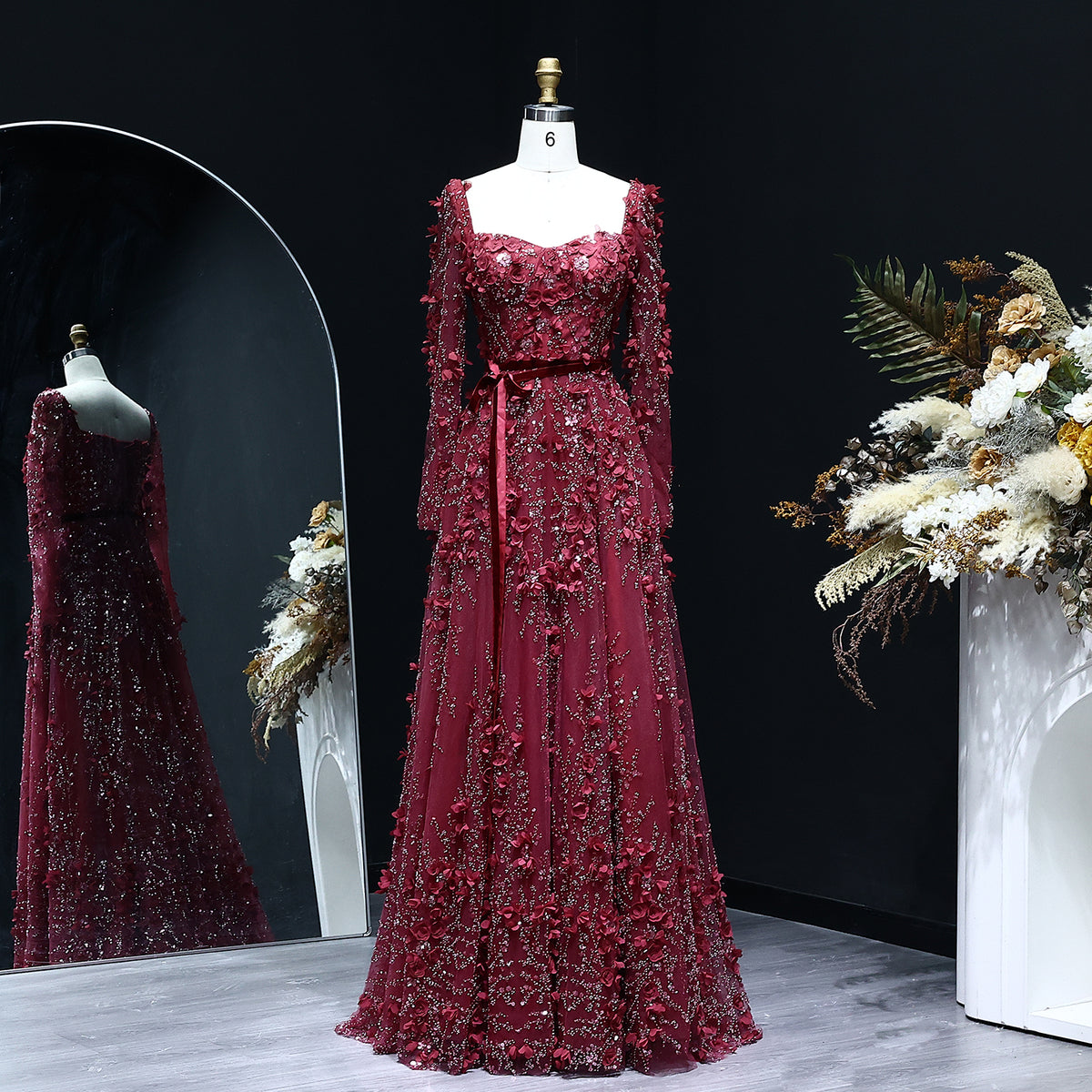 Luxury 3D Flower Gray Long Sleeves A-Line Evening Dress SS353