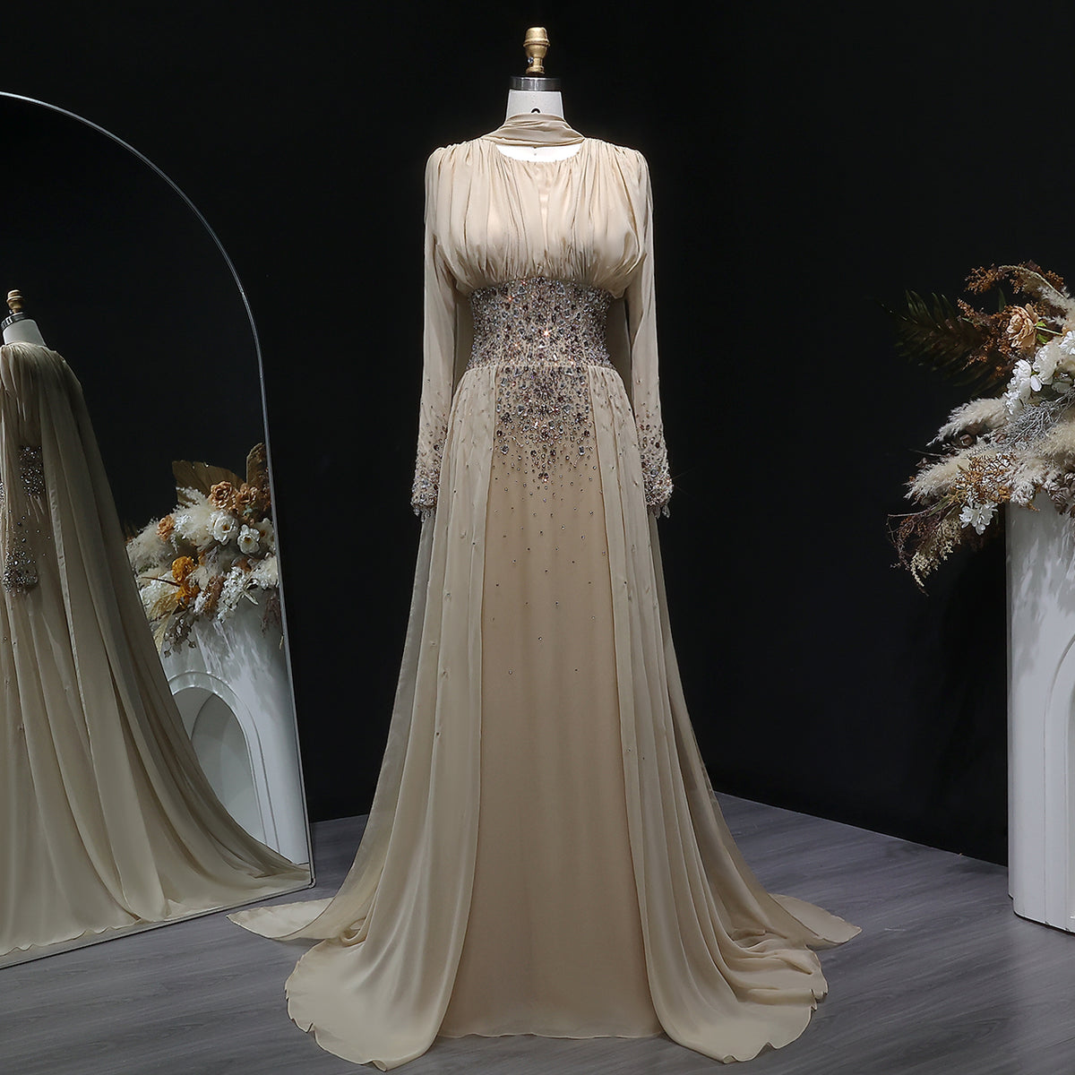 Luxury Champagne Crystal Beaded Fitted Evening Dress with Sheer Cape SS533