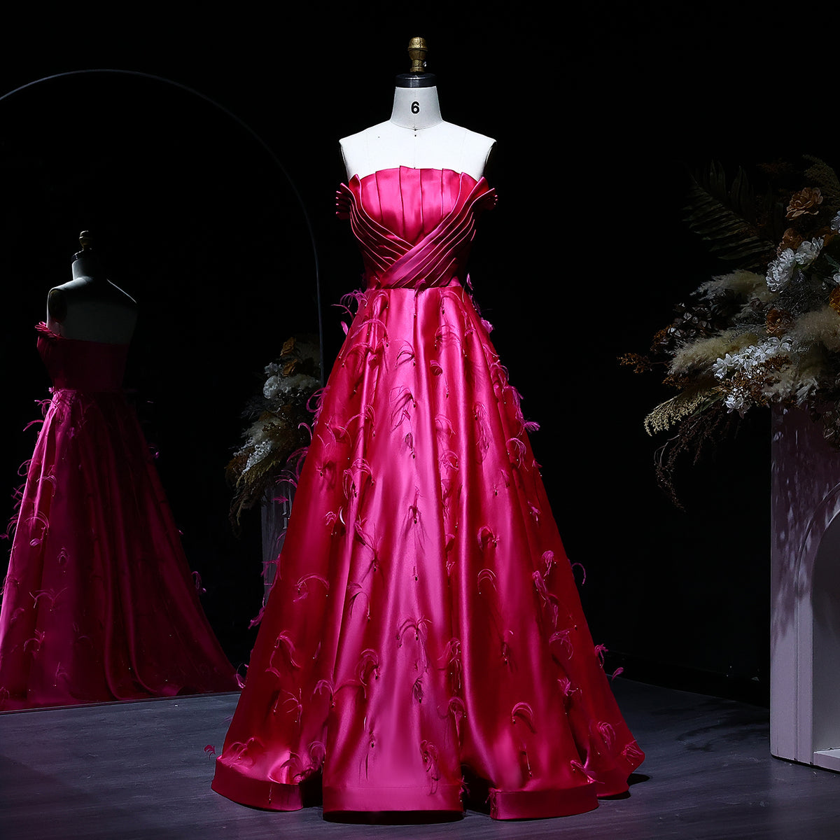 Exquisite Fuchsia Pleated Feather Satin Evening Dress