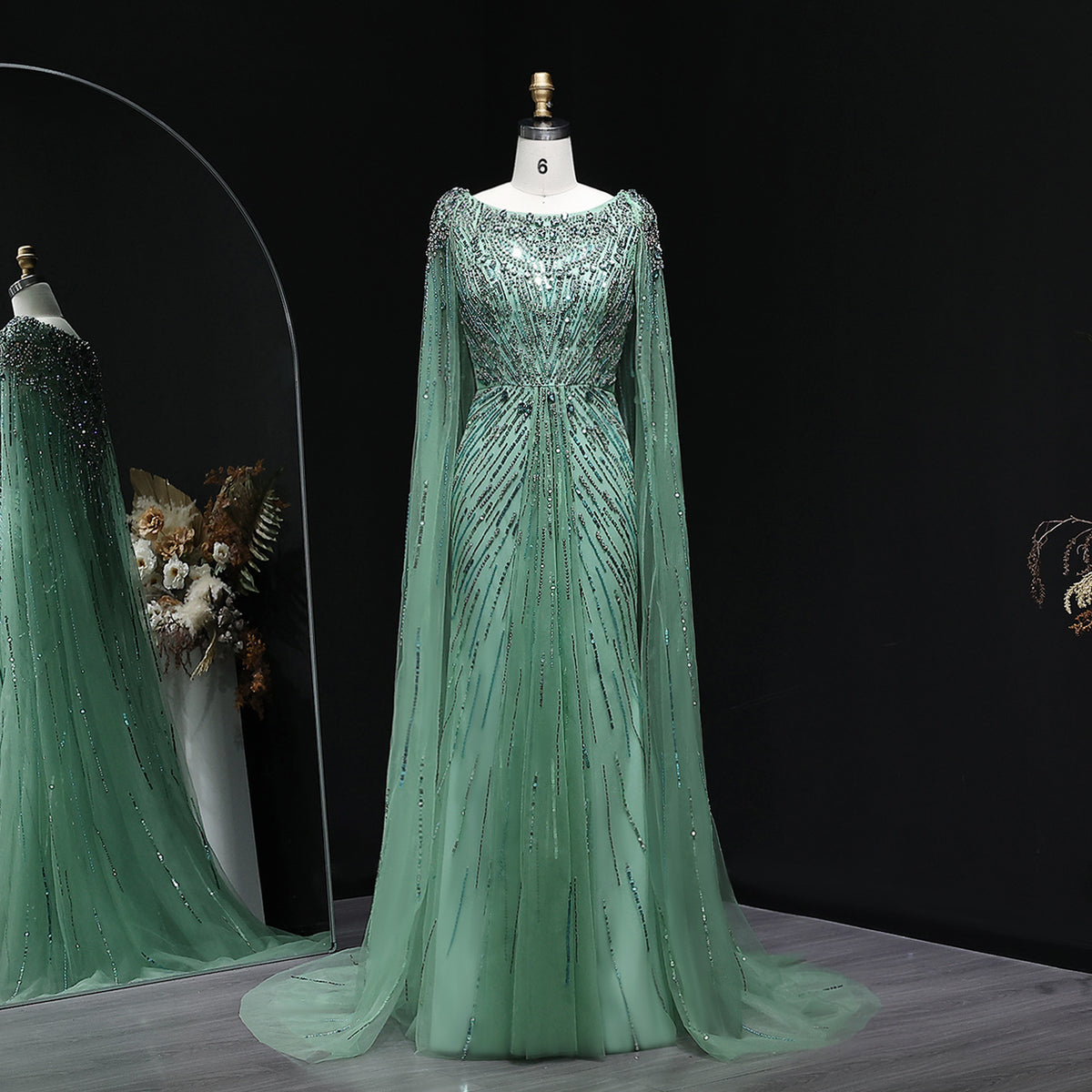 Luxury Crystal Lilac Evening Dress with Cape Sleeves SS549
