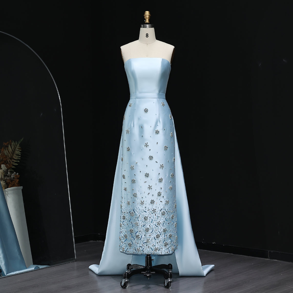 Luxury Blue Crystal Beaded Evening Dress with Overskirt XD013