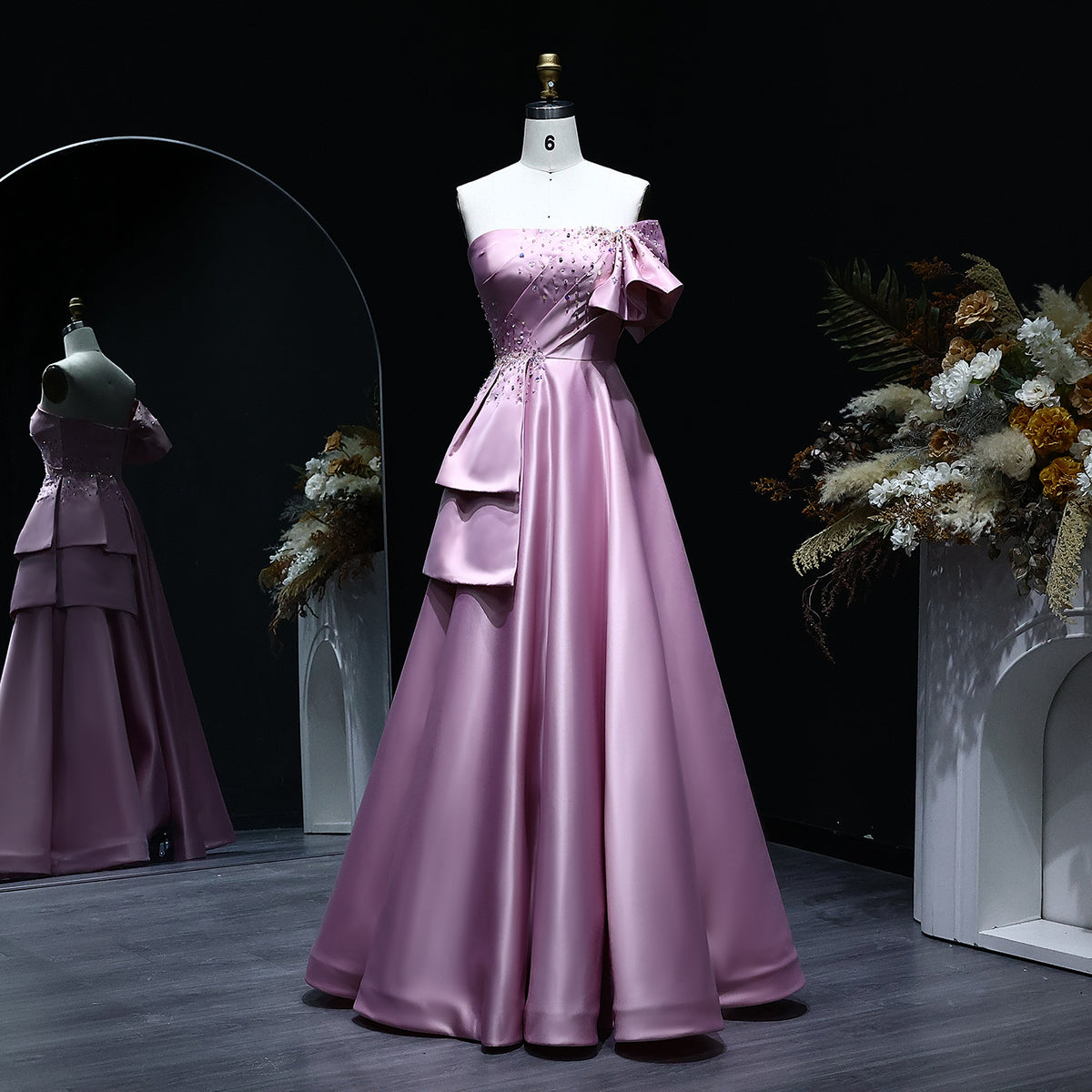 Elegant Crystal Lavender A-Line Pleats Satin Evening Dress SS592