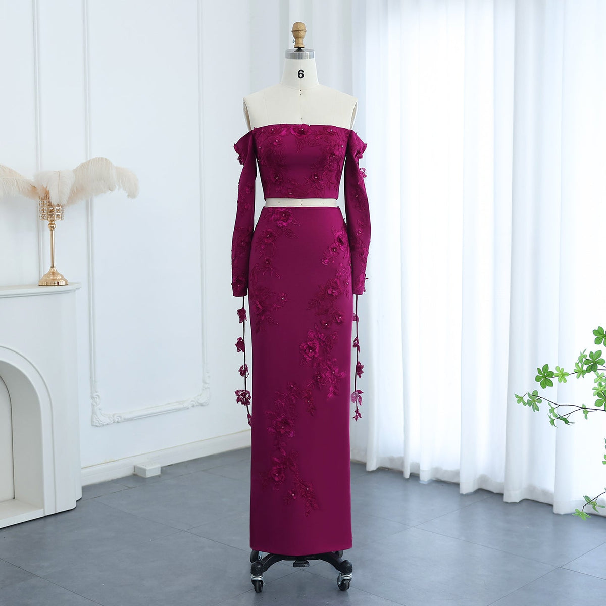 Elegant 3D Flowers Fuchsia Long Sleeves 2 Pieces Evening Dress SF264