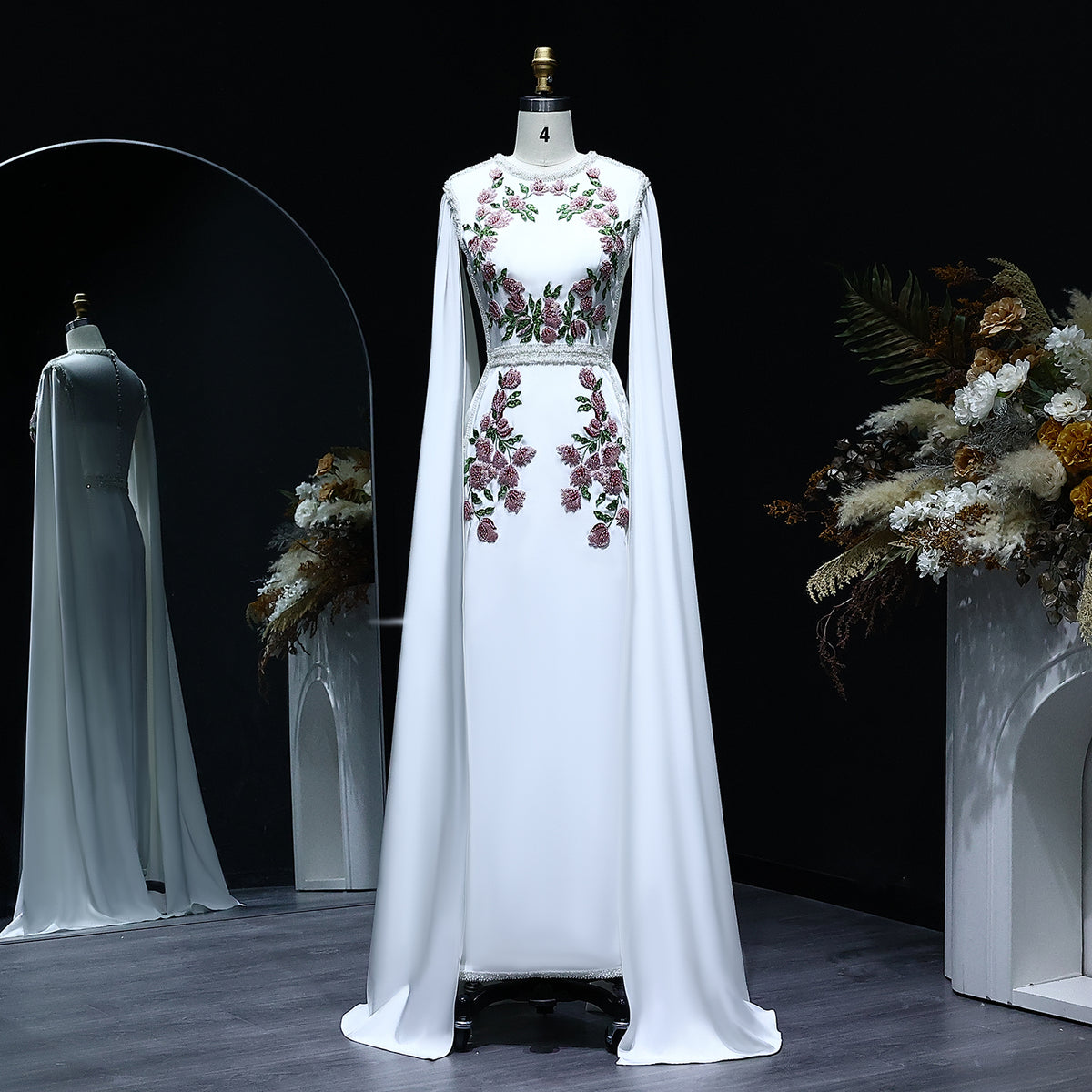 Luxury Embroider Pearls White Evening Dress with Cape Sleeves SS487