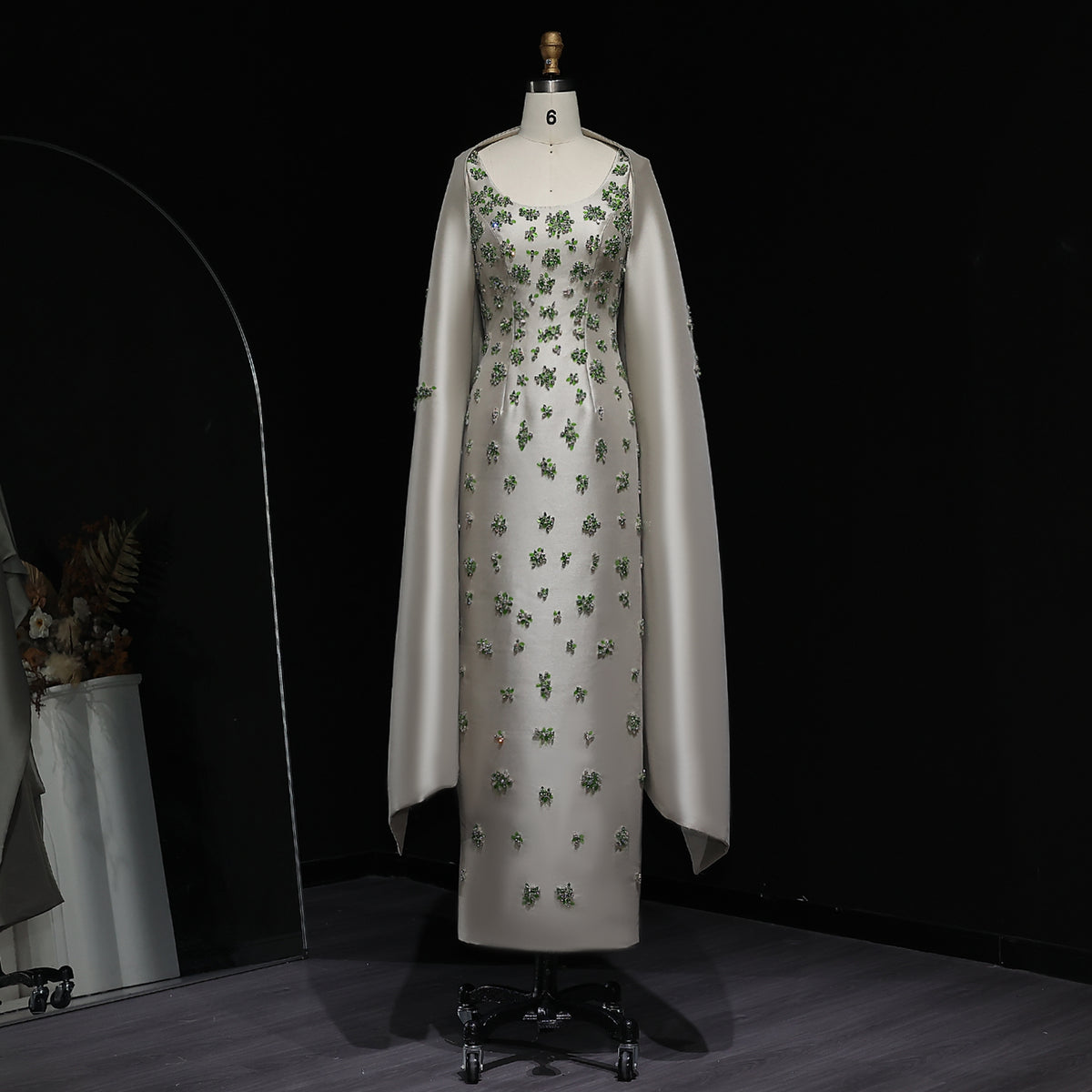 Luxury Beaded Sage Green Evening Dress with Cape SS536