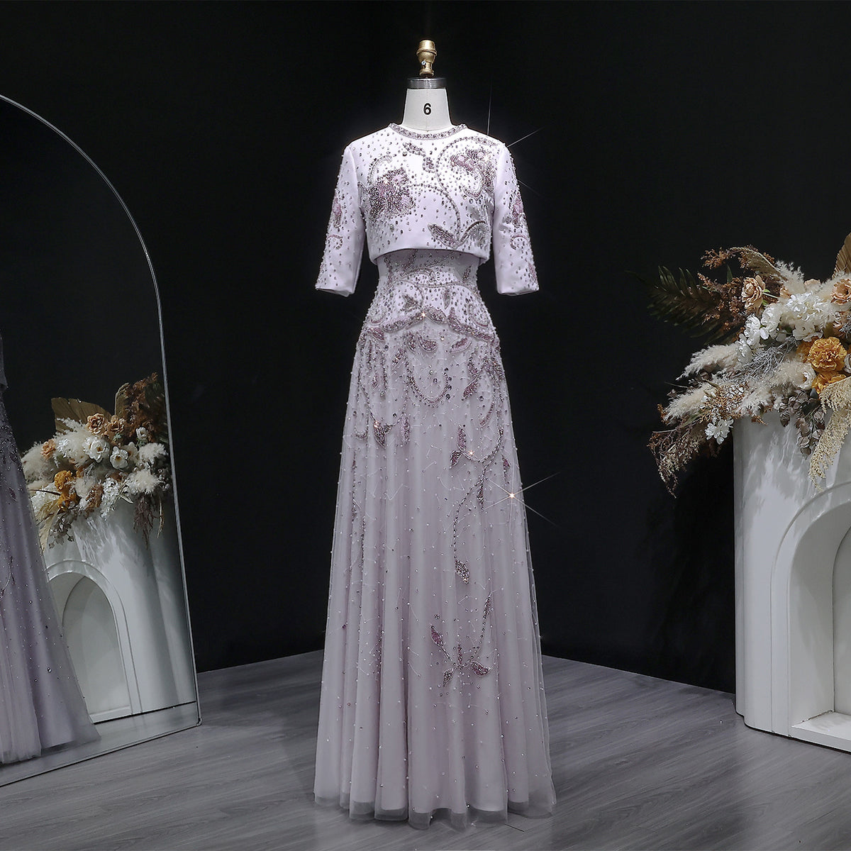 Elegant Blush Pink Crystal Short Sleeve 2-Piece Evening Dress SS518