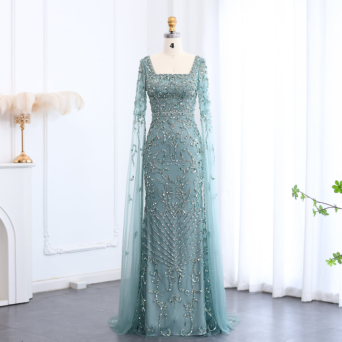 Luxury Beaded Turquoise Evening Dress with Cape Sleeves SS469