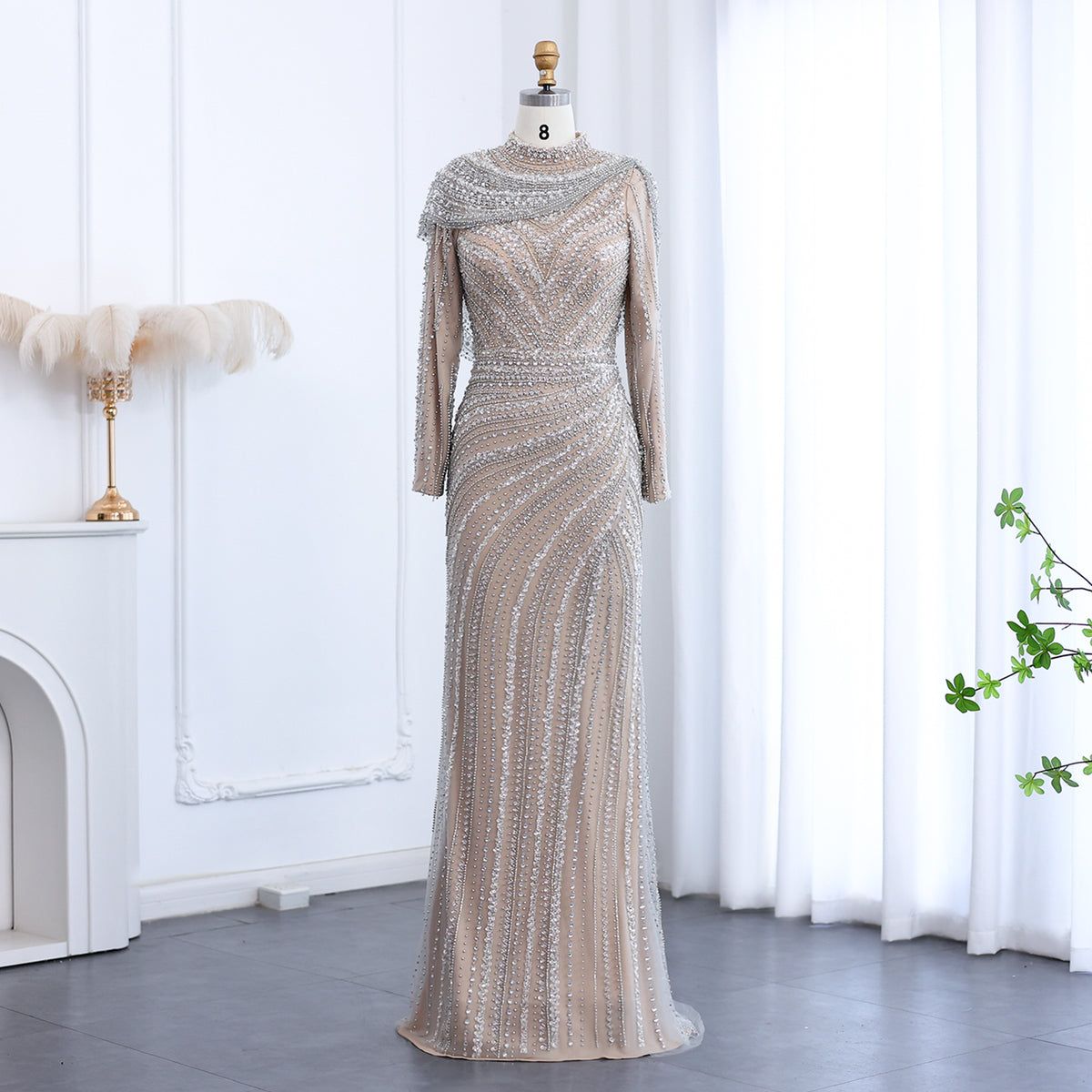 Luxury Beaded Silver Mermaid Evening Dress with Cape SS035