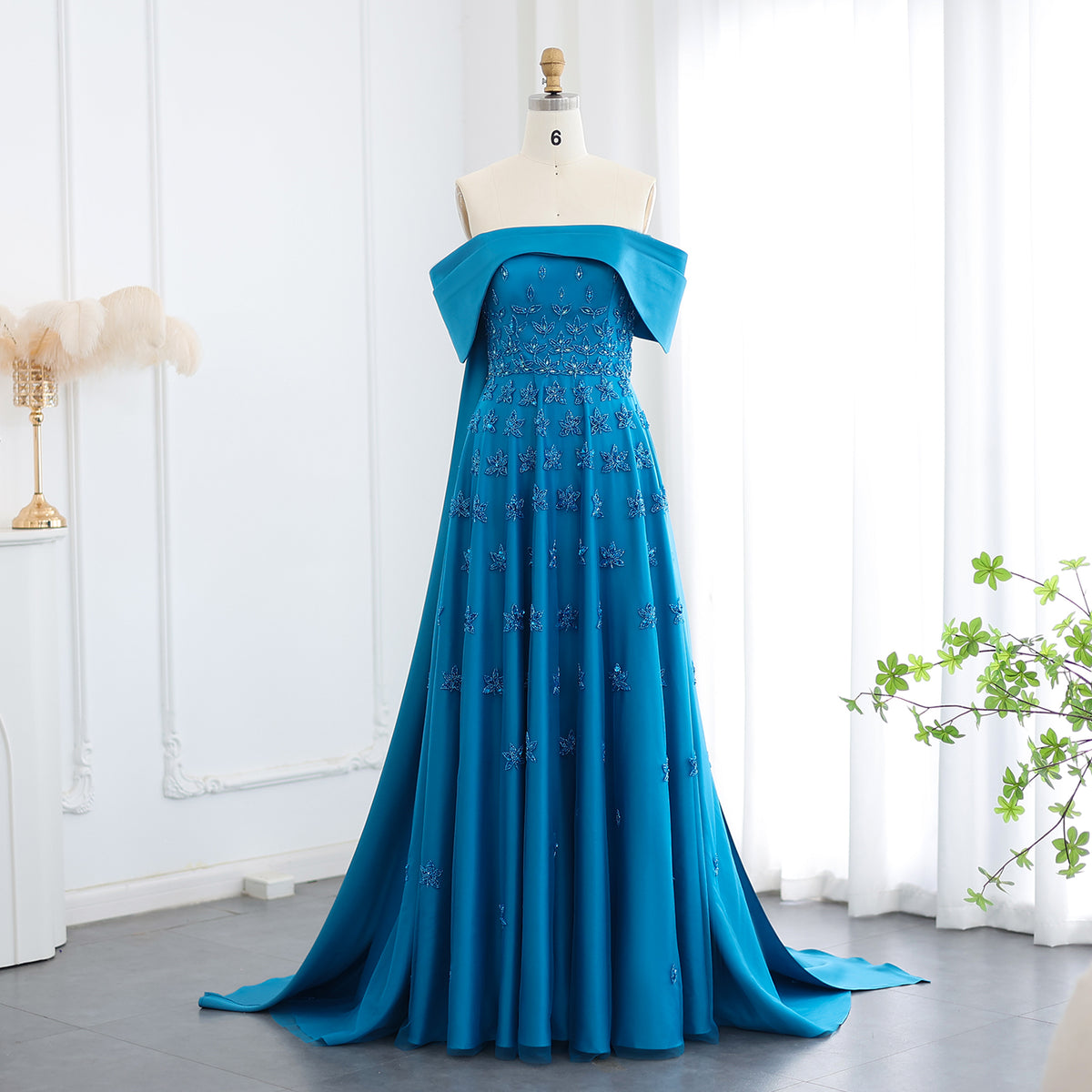 Elegant Beaded Yellow Satin Evening Dress with Cape SS455