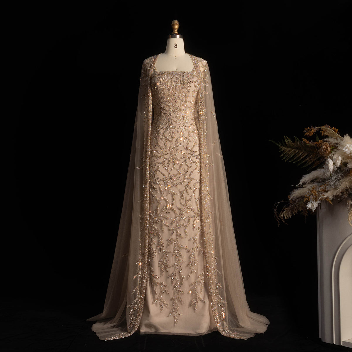 Luxury Crystal Pink Evening Dress with Cape SS393