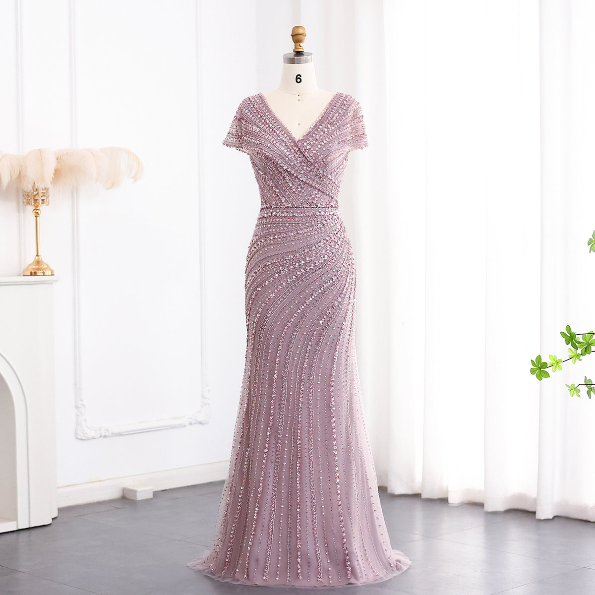 Luxury Silver Nude Mermaid Evening Dress with Cap Sleeves SS045