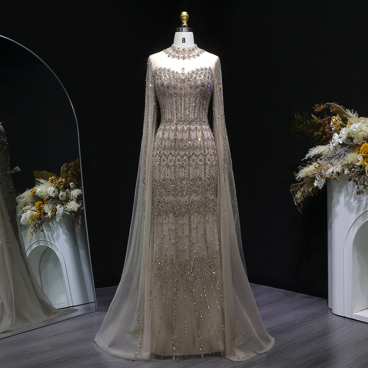 Green Luxury Long Sleeve Sequin Beaded Formal Evening Dress SS150