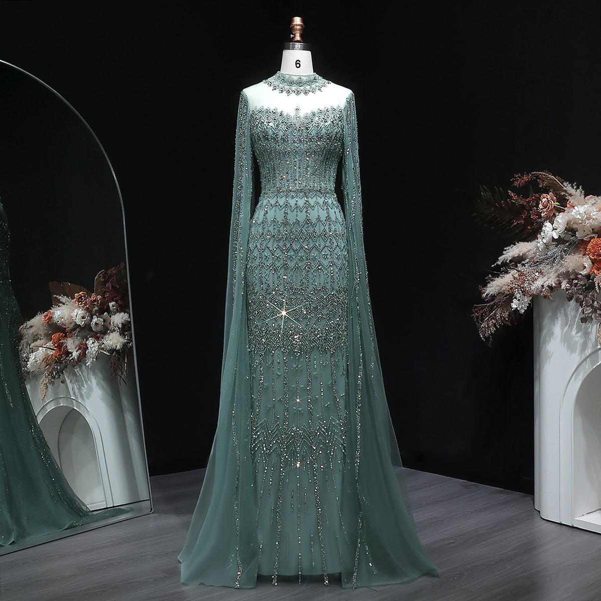 Green Luxury Long Sleeve Sequin Beaded Formal Evening Dress SS150
