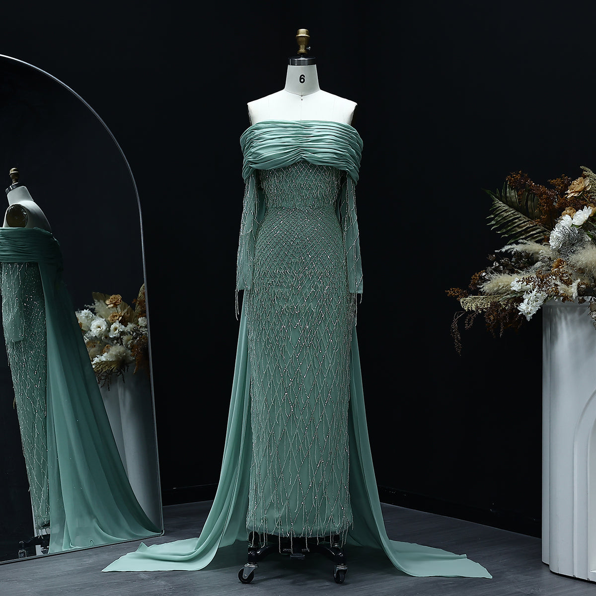 Luxury Tassel Lilac Off Shoulder Evening Dress with Cape SS708