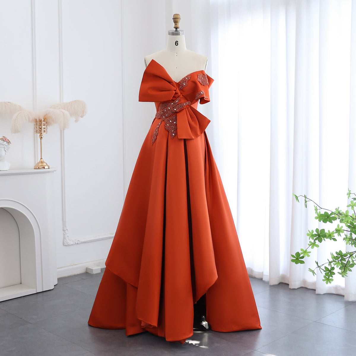 Elegant Beaded Orange A-Line Strapless Satin Evening Dress SS338