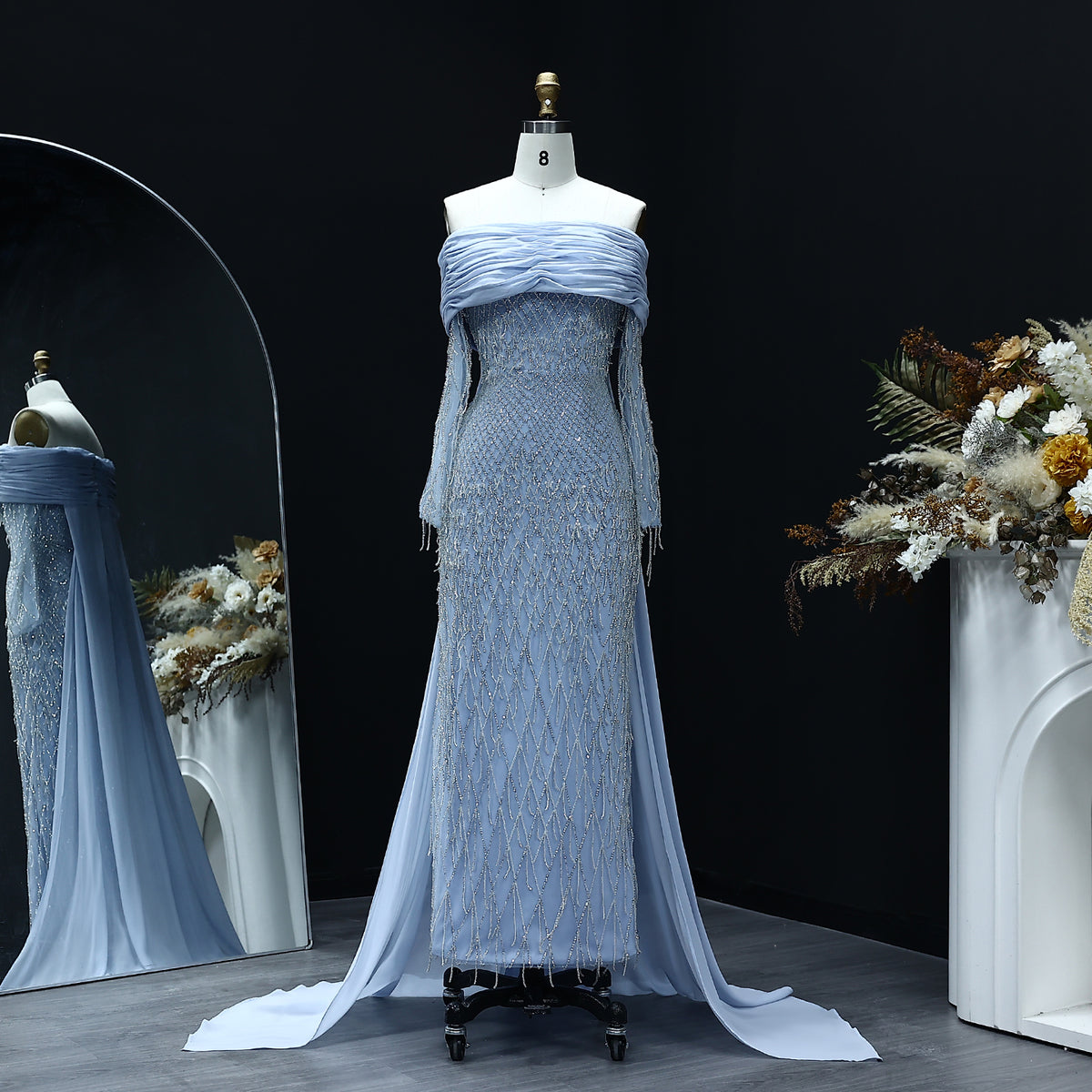 Luxury Tassel Lilac Off Shoulder Evening Dress with Cape SS708