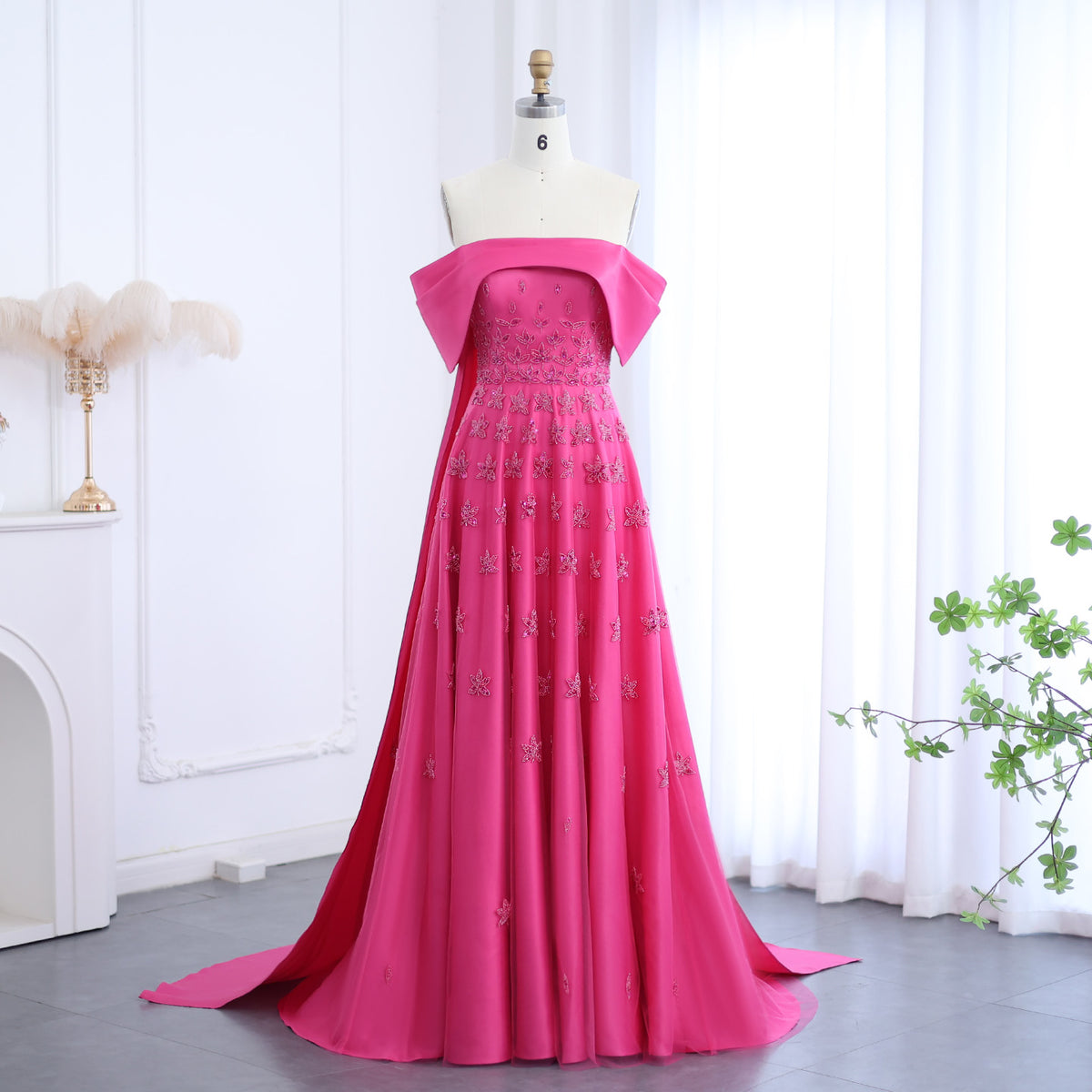 Elegant Beaded Yellow Satin Evening Dress with Cape SS455