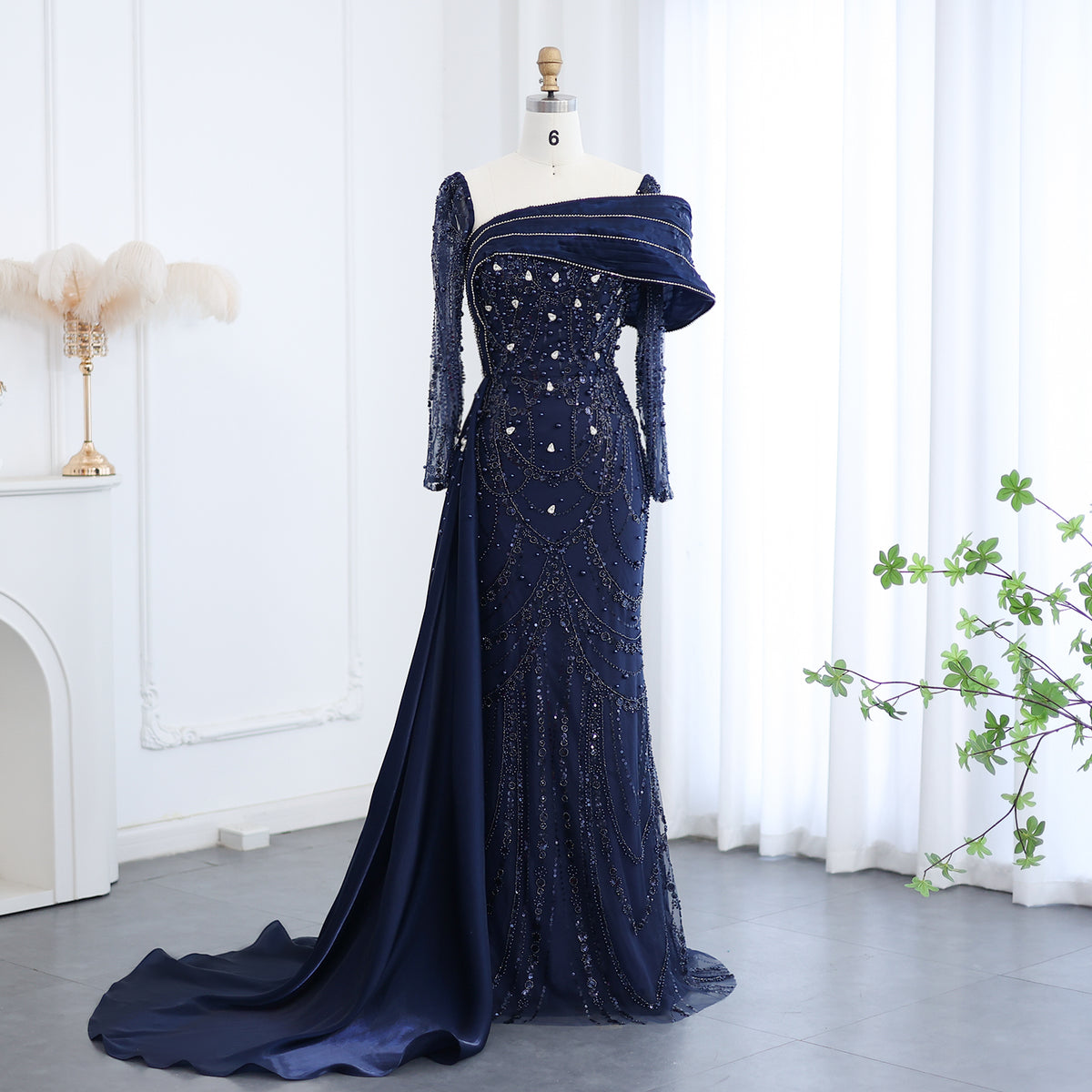 Luxury Nude Crystal Mermaid Long Sleeves Evening Dress with Overskirt SS256