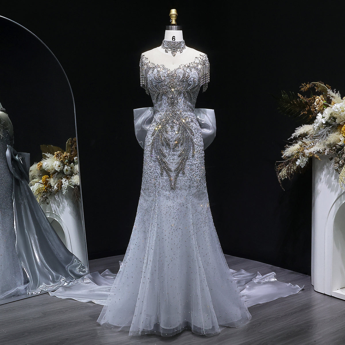 Luxury Silver Gray High Neck Bow Mermaid Beaded Evening Dress