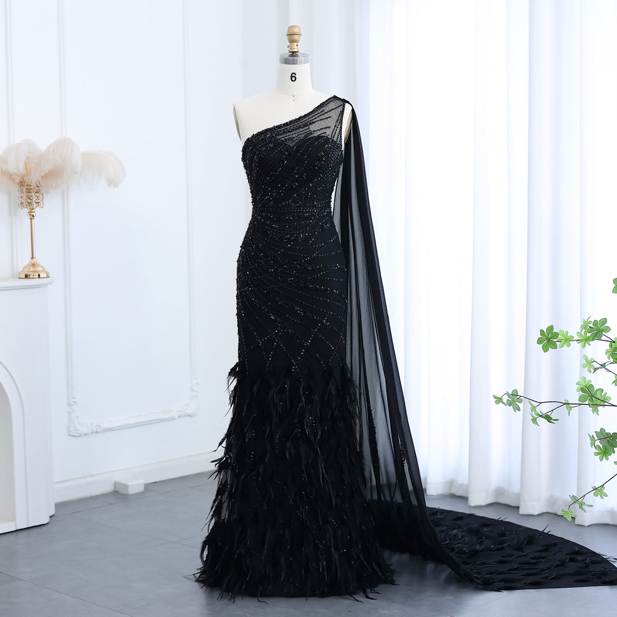 Luxury Feathers Turquoise One Shoulder Mermaid Evening Dress SS498