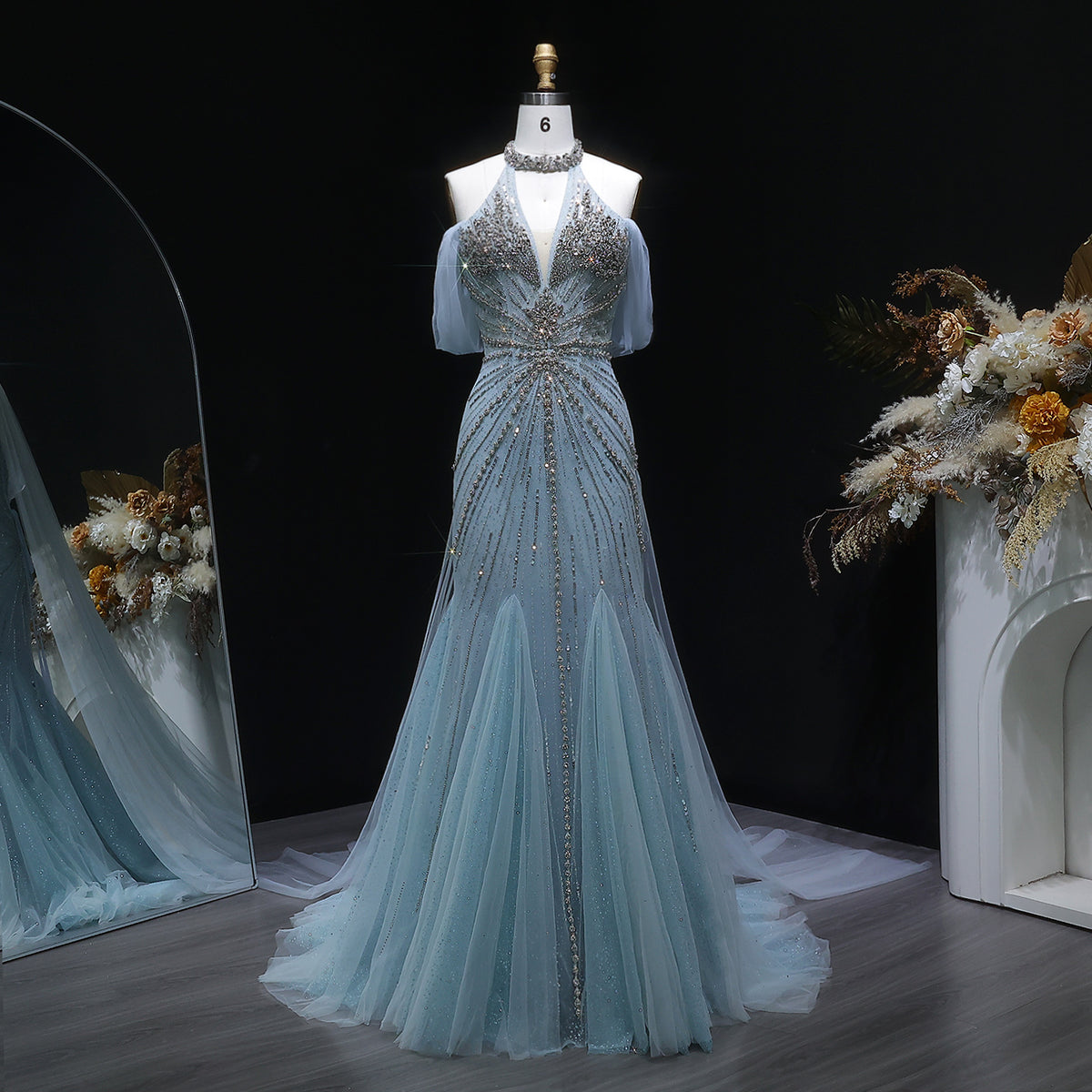 Luxury Turquoise Halter Off Shoulder Beaded Evening Dress
