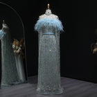 Luxury Light Blue Feather Cape Beaded Evening Dress