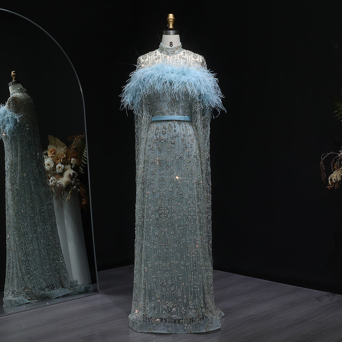 Luxury Light Blue Feather Cape Beaded Evening Dress