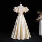 Luxury Champagne Satin Short Sleeve Evening Dress with Floral Embroidered SF516