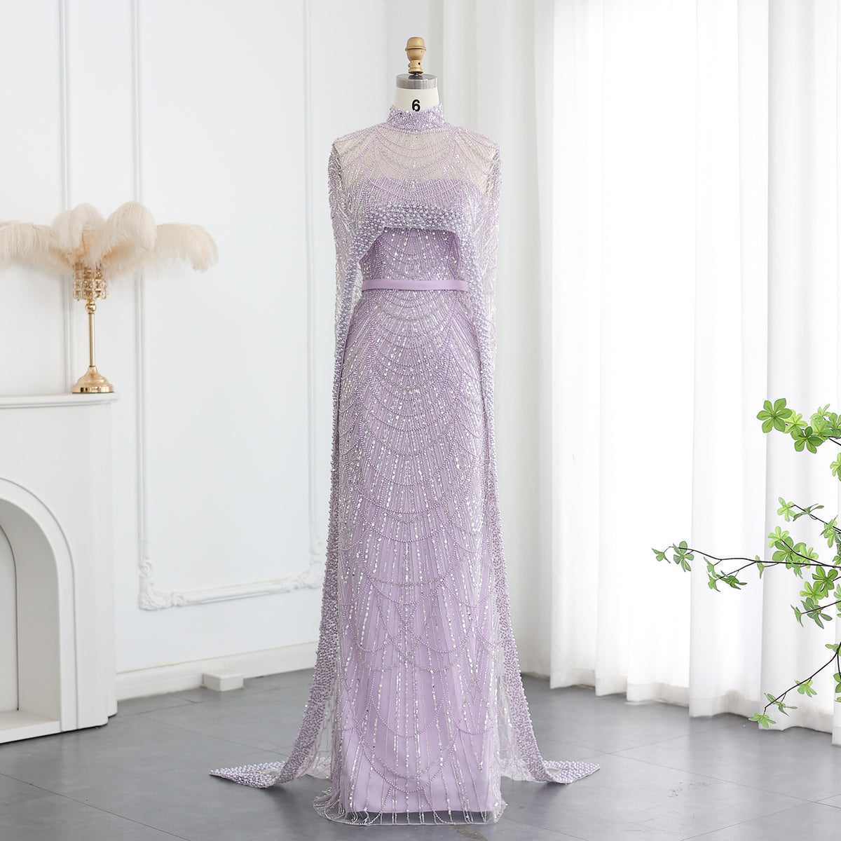 Luxury Pearls Champagne Mermaid Evening Dress with Cape SS369