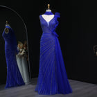 Luxury Royal Blue Ruffle Scarf Beaded Evening Dress