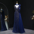 Luxury Royal Blue Ruffle Scarf Beaded Evening Dress