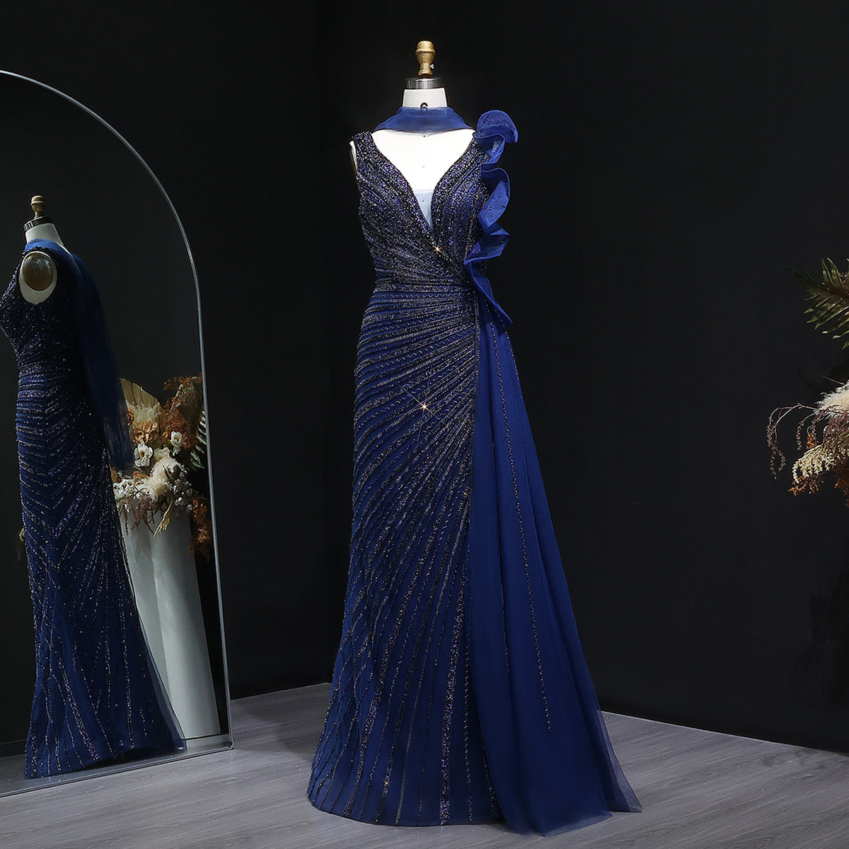 Luxury Royal Blue Ruffle Scarf Beaded Evening Dress