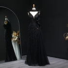 Luxury Royal Blue Ruffle Scarf Beaded Evening Dress