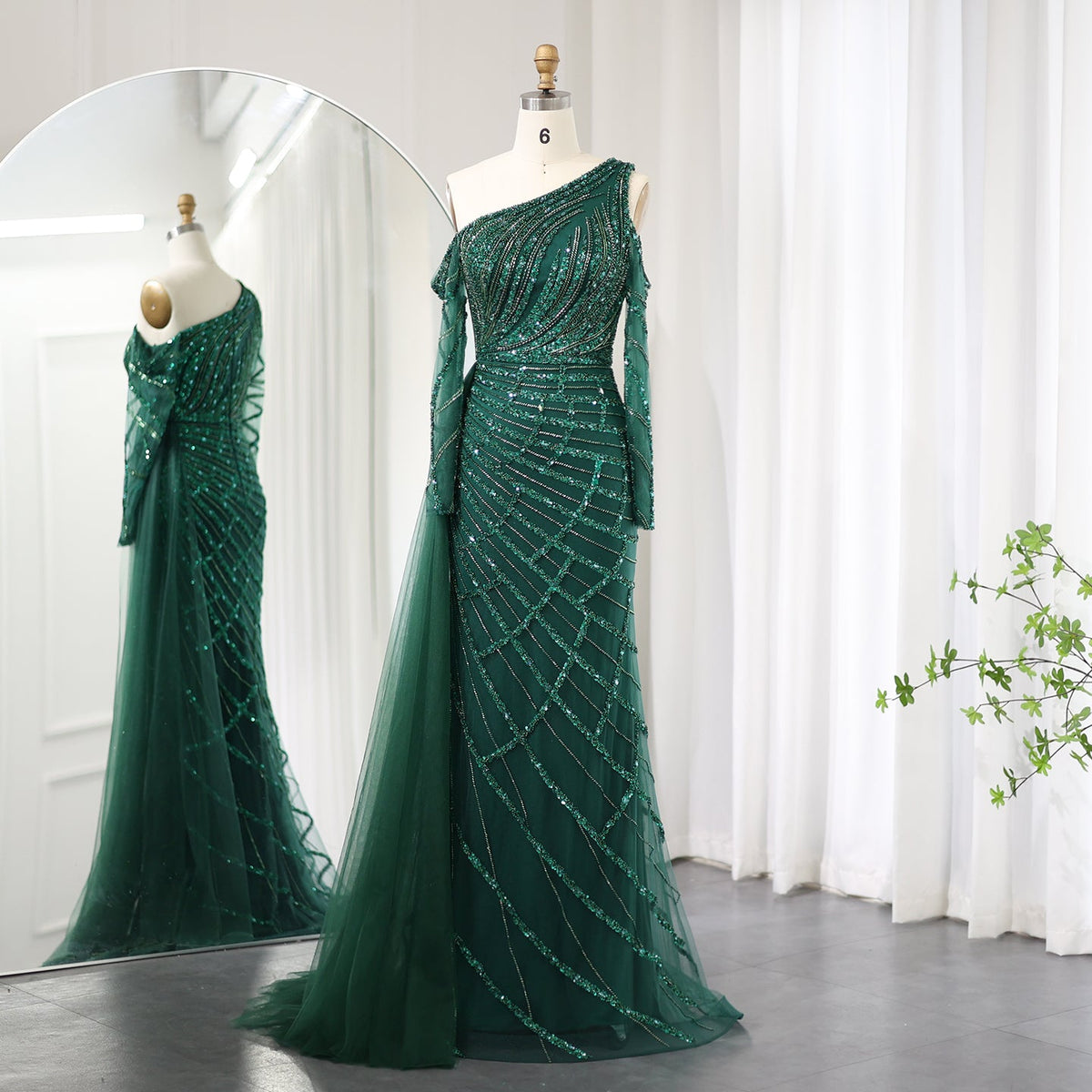 Elegant Emerald Green Mermaid Evening Dress with Overskirt SS197