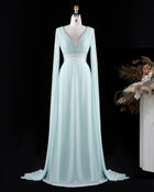 Aqua V-Neck Cape‑Sleeve Beaded Chiffon Evening Dress