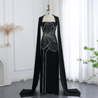 Elegant Beaded Black Long Evening Dress with Cape Sleeves SS275